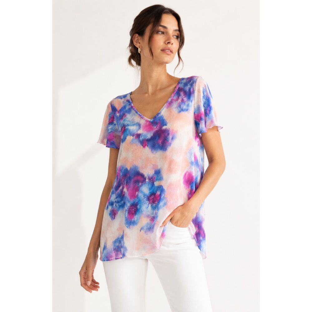 Buddy Love Pink Blue Tie Dye Boho Flutter Sleeve Tunic Blouse Cottagecore Size M